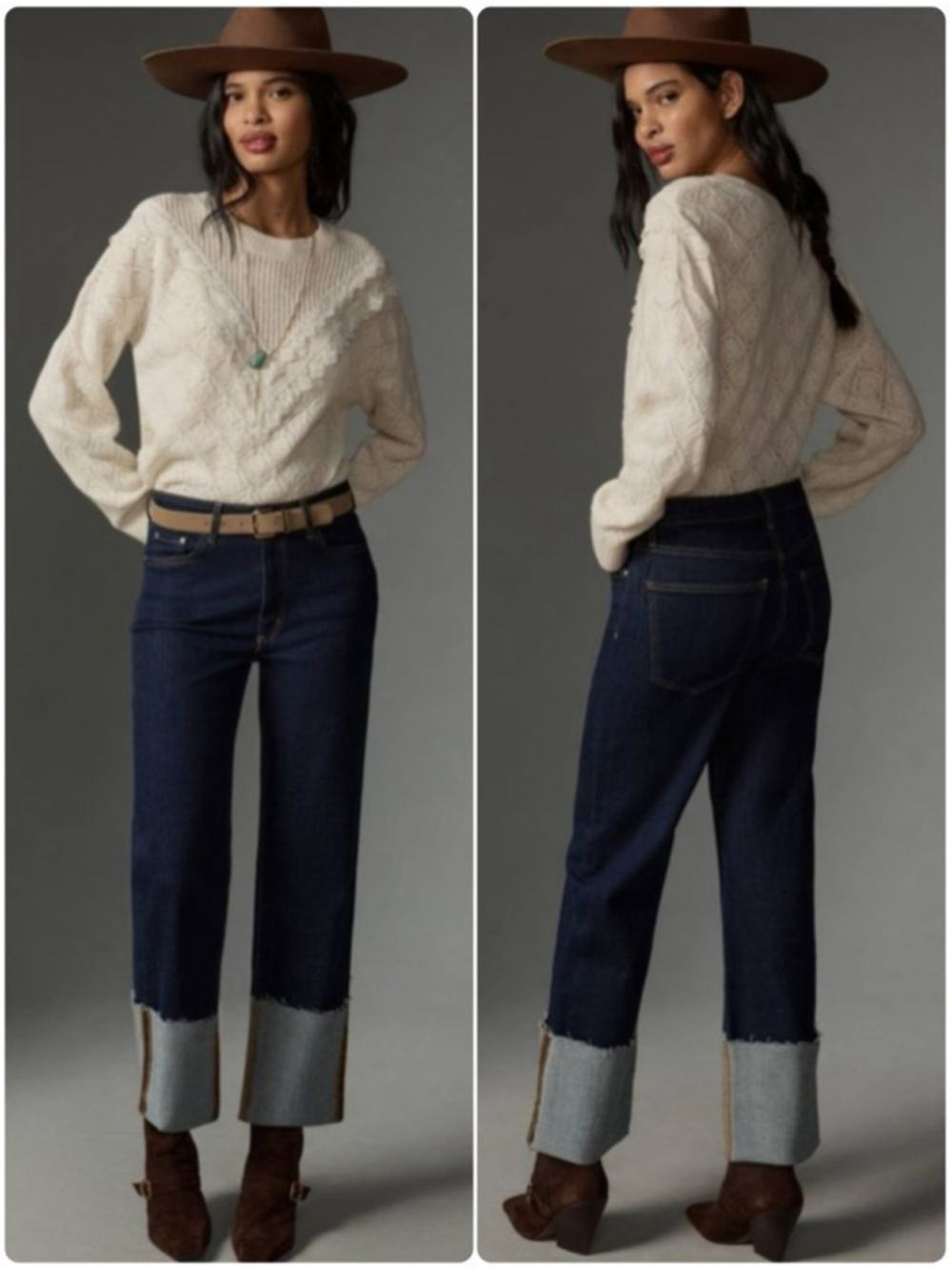 Pilcro 32 Scotty Wide Straight Leg Jeans Dark Rinse Wash High Cuff Tall Raw Hem
